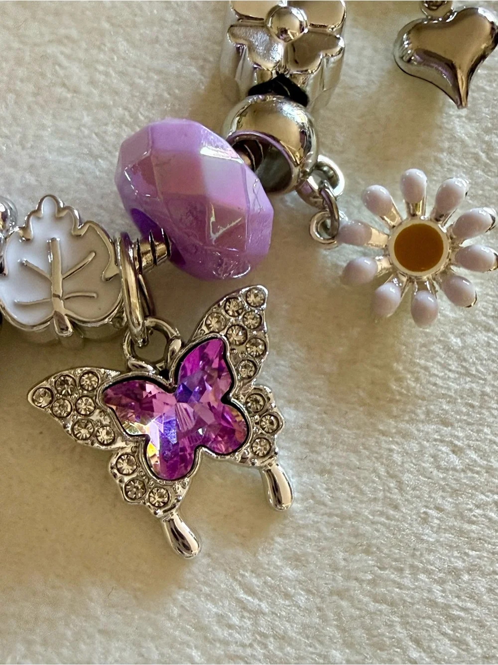 Kids Silver Charm Bracelet with Lavender Beads and Butterfly Charm